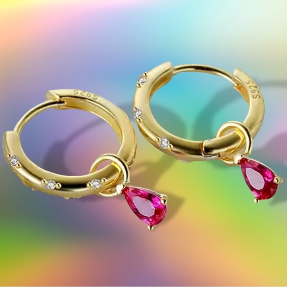 NEW 14K Yellow Gold-Plated White Crystal CZ Encrusted Huggie Hoops w Ruby Dangle - Picture 6 of 16